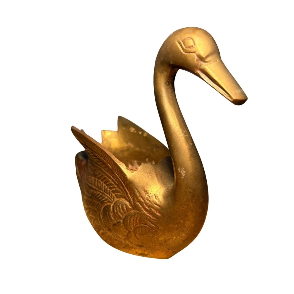 Vintage Brass Swan Planter Deep Catchall Feather Details MCM Decor 6